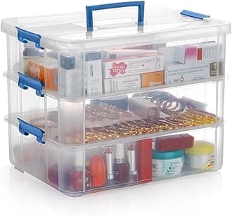 PALAK Plastic Storage Box - 3 Tier Transparent Rectangular Multi Utility Detachable,Portable&Stackable Space Saving Organiser With Lid For Medicine,Jewelry,Arts&Crafts,Buttons,Beads(3 Tier,Blue)
