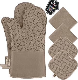 KEGOUU Oven Mitts and Pot Holders 6pcs Set, Kitchen Oven Glove High Heat Resistant 500 Degree Extra Long Oven Mitts and Potholder with Non-Slip Silicone Surface for Cooking (Khaki)