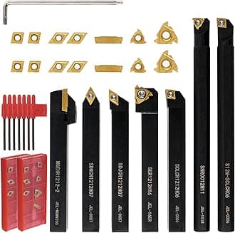 21 PCS Kit,Indexable Lathe Turning Tool,1/2" 12mm Shank,7Pcs Metal Lathe Cutting Holder with 14Pcs Carbide Turning Inserts,Carbide Lathe Turning Tools for Turning Grooving Threading Boring