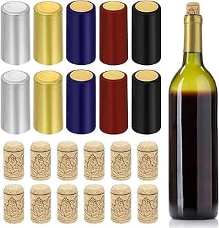 Swpeet 60Pcs 5 Colors Silver Black Red Gold Blue PVC Heat Shrink Capsules and atural Straight Wine Bottle Cork Tops Stopper Assortment Kit, Sealing Plug Bottle Cap with Shrink Wrap for Wine Bottles