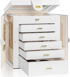 AKOZLIN Large Jewelry Box Organizer Functional with Big Mirror, Leather Jewelry Storage Case for Women Girls Ring Necklace Earring Bracelet Holder Organizer White