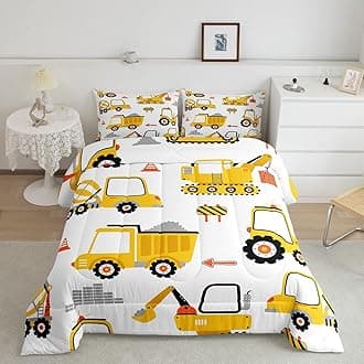 Feelyou Cartoon Car Comforter Set Kids Construction Comforter for Boys Equipment Trucks Bedding Set Breathable Cartoon Yellow Car Excavator Tractor Duvet Set Room Decor Twin Size with 1 Pillow CaseOEKO-TEX STANDARD 100