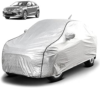 Fabtec Waterproof and Heat Resistant Metallic Silver Mirror and Antenna Pocket Car Body Cover for Maruti Baleno with Soft Cotton Lining (Full Bottom Elastic, Full Sized, Triple Stitched)
