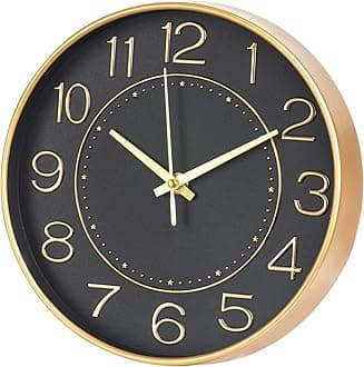Modern Wall Clocks Battery Operated,10 inch Black and Gold Clock for Wall,Silent Small Wall Clock for Living Room Bedroom Kitchen Office Nursery Decor