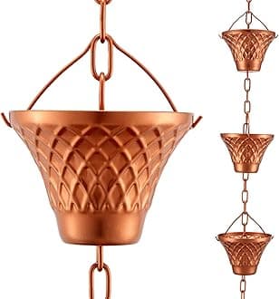 OAK LEAF Rain Chain Set, 8.5ft Copper Plated Rain Chain for Gutters with Adapter, Lattice Rain Chain Cups to Replace Gutter Downspout, Divert Water and Home Display, 12 Cups, Adjustable, Rose Gold