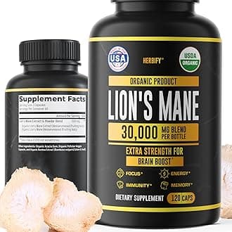 HERBIFY Lions Mane Supplement - Daily Mushroom Supplement for Memory, Focus & Clarity - Brain Booster - Lions Mane Capsules for Natural Immune Support - Vegan, Organic - 120 Capsules