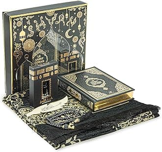 ihvan online Prayer Gift Set for Hajj and Umrah, Muslim Prayer Rug, Prayer Mat, Beads Taasbih, Holy Quran Translated French, Muslim Praying Mat, Islamic Gift Set for Ramadan & Eid, Black
