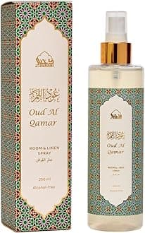Oud Al Qamar Attar Al Faraash | 250ml Non Alcoholic Spray | Arabic Natural Mist | Air Freshener, Room Mist, Fabric & Linen Spray | Perfect for Prayer mats, beds, sofas, curtains | Halal