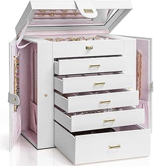 AKOZLIN Extra Large 6 Tier Jewelry Box Organizer with Mirror 5 Drawer Leather Jewelry Storage Case for Women Girls Ring Necklace Earrings Bracelet White