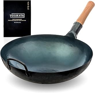 36 cm Round Bottom Carbon Steel Wok Pan – Blue Pre-Seasoned Pow Wok for Stir Fry, BBQ, Grill & Camping – Traditional Japanese & Chinese Cookware – Compatible with Gas Stoves & Open Fire Only