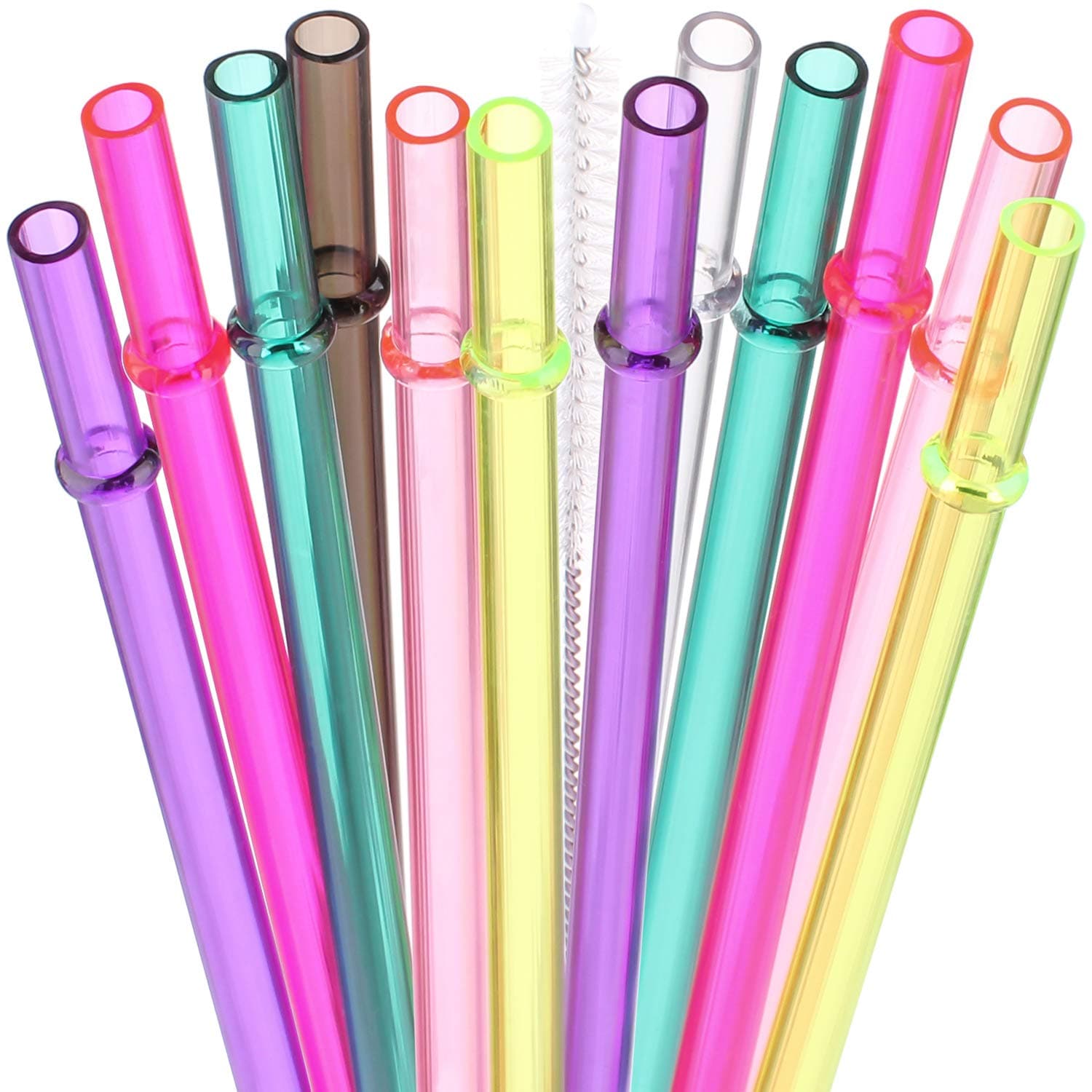 13" Long Reusable Plastic Replacement Drinking Straws for 40 oz,30 oz & 24 oz Mason Jar,Tumblers, Set of 12 with Cleaning Brush (13inch,7color)