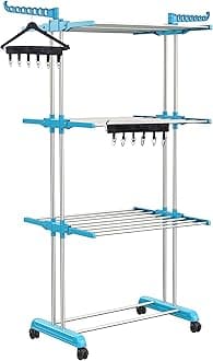 Synergy - Premium Heavy Duty Stainless Steel Clothes Drying Stand | Cloth Dryer Stand | Cloth Stand for Drying Clothes Foldable | Cloth Drying Stand with EZEE Clipper (3 Tier) Blue - SY-CS19-COMBO