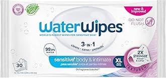 WaterWipes Adult Care Wipes, Extra-large 99.9% Water Based Wipes, Unscented & Hypoallergenic for Sensitive Skin, 30 Count (1 Pack)