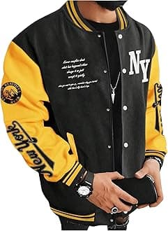 SOLY HUXMen's Varsity Jacket Color Block Letter Graphic Long Sleeve Baseball Jacket Bomber Coat