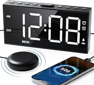 Super Loud Alarm Clock with Bed Shaker for Heavy Sleeper,3-level Vibrating,Large Digits,Weekday/Weekend Mode,Dual Alarms for Hearing-impaired/Deaf,5 Volume,Dimmer,USB Charger,Snooze,Battery Backup