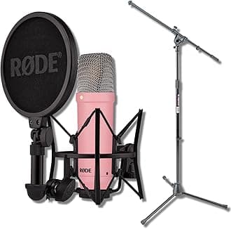 Rode NT1 Signature Series - Pink Condenser Microphone with SM6 Shockmount, Tripod Base Microphone Stand and Pop Filter