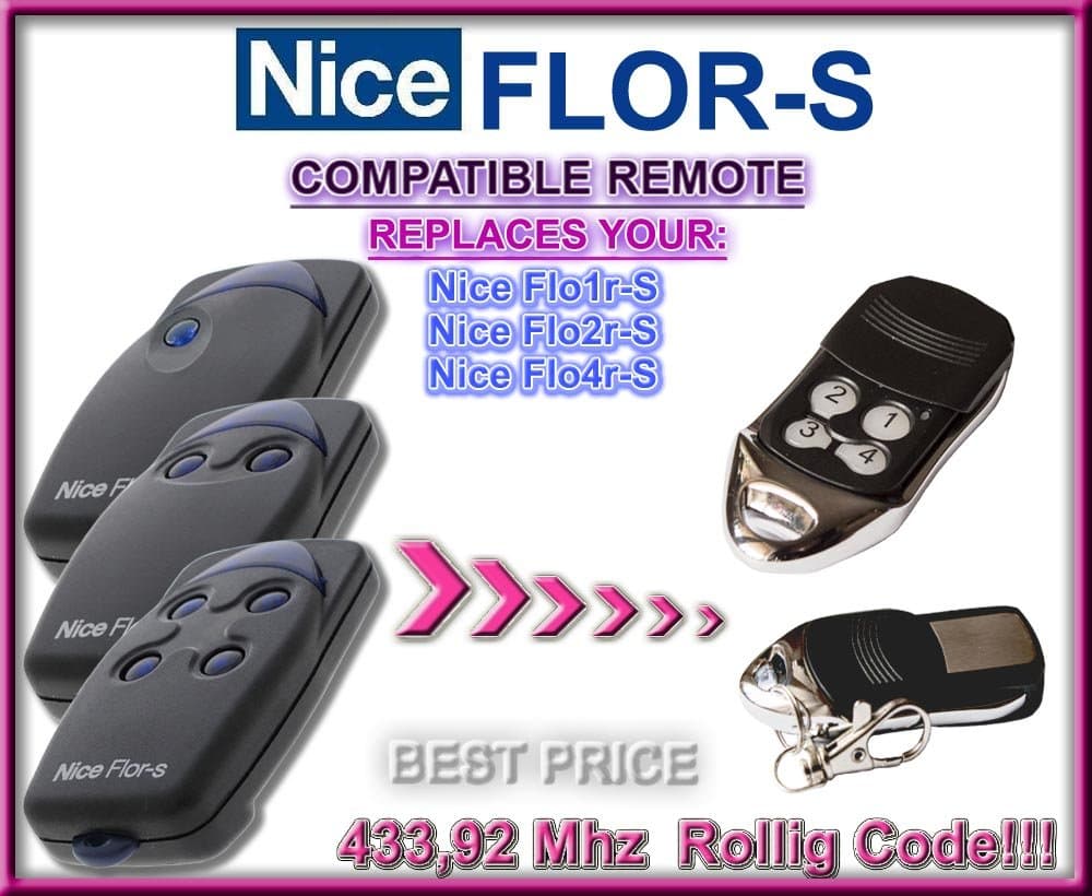 NICE FLO1R-S, FLO2R-S, FLO4R-S compatible remote control replacement transmitter, 433.92Mhz rolling code keyfob