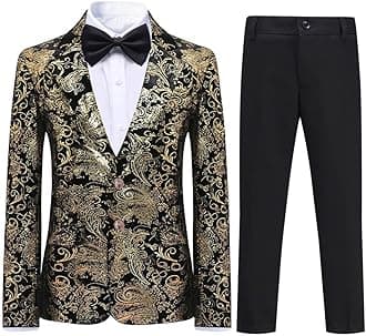 Boyland Boys Tuexdo Suit Formal Golden Jacquard Jacket Pants Black Suit Set