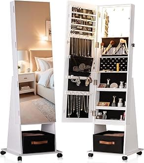 LUXFURNI 8 LEDs Rotating Jewelry Armoire with Mirror, 66" full Length Mirror with Jewelry Storage, lockable standing Mirror Jewelry Cabinet with 4 Wheels, 3 Color Modes Jewelry Organizer Mirror