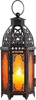 DECORKEY Moroccan Lanterns Decorative Indoor & Outdoor, 11’’ Medium Size Vintage Metal Hanging&Tabletop Candle Holder Decor, Halloween Christmas Ramadan Decorations for Home Porch Patio (Amber)