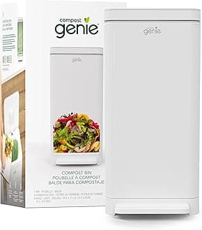 Compost Genie Kitchen Compost Bin, White Stainless-Steel Large, 3.6 Gallon, Indoor Odorless Composting, Hands-Free, Washable Parts, Includes 8 Tear-Off Compostable Bags and 4 Carbon Filters