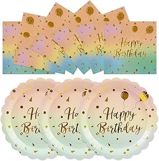50PCS Happy Birthday Paper Plates and Napkins Set - 7 Inch Colorful and Gold Birthday Cake Plates Scalloped Dessert Plate Disposable Tableware for Birthday's Party Supplies Decorations