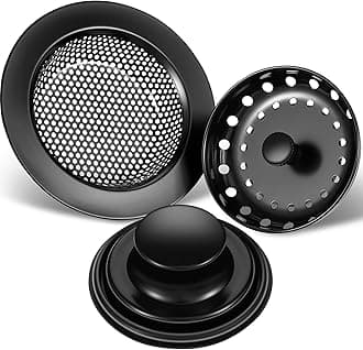 Mudder 3 Pcs Kitchen Sink Drain Strainer and Stopper Stainless Steel Garbage Disposal Plug with Handle Universal Anti-Clogging Kitchen Sink Filter Sieve Basket Strainer(Black)
