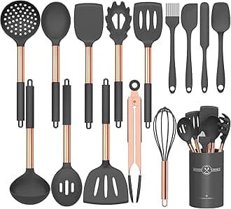 Umite Chef Silicone Cooking Utensil Set, Kitchen Utensils 15pcs Cooking Utensils Set Non-stick Silicone Rose Gold Handle Cooking Tools Whisk Kitchen Tools Set -Grey