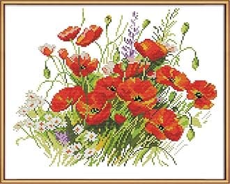 CaptainCrafts Cross Stitch Kits Flowers Stamped Cross Stitch Preprinted Fabric Cross Stitch DIY Art Embroidery Kits (Preprinted 11CT, Flowers are in Full Bloom)