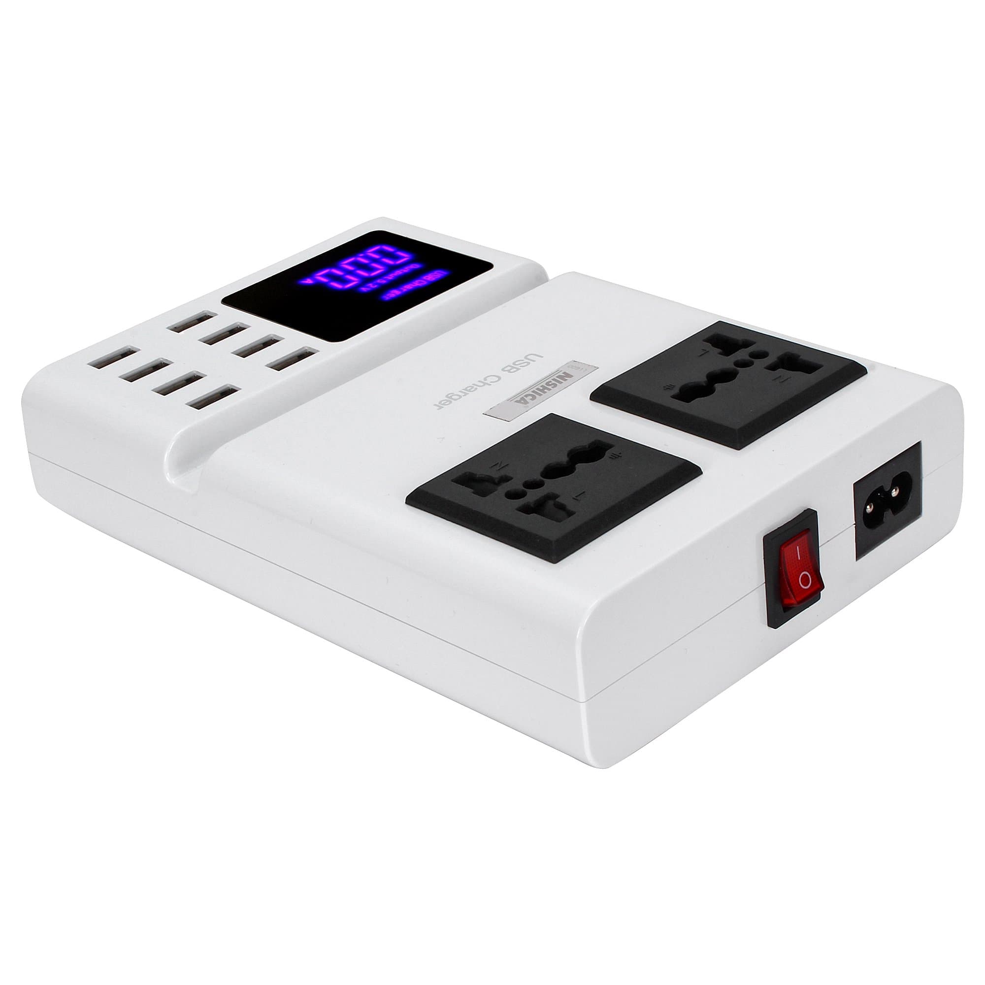 8 Port USB Charger - Charging Hub - Two 3 Pin Socket, Quick & Easy to Carry with Real Time Monitoring Current Voltage