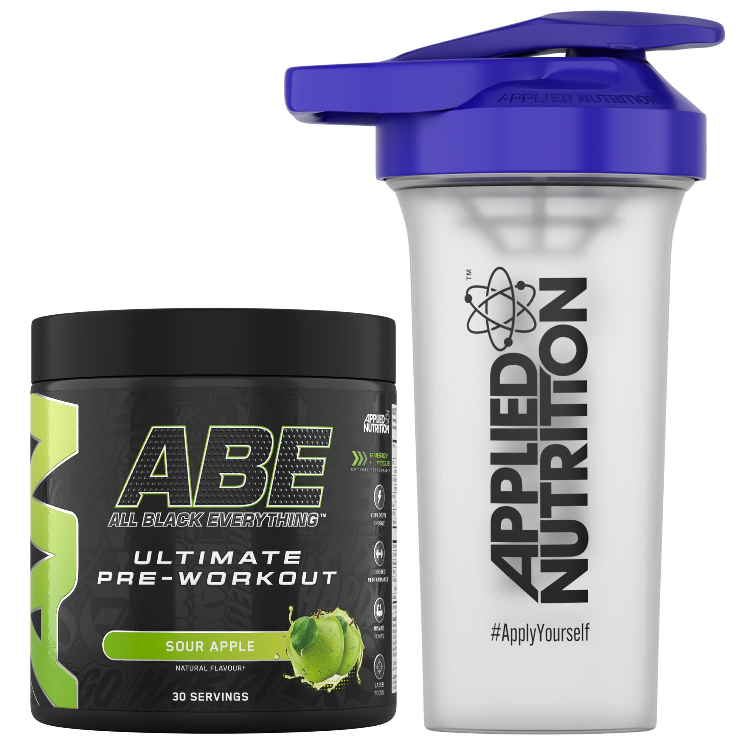 Bundle ABE Pre Workout 375g + 700ml Protein Shaker | All Black Everything Pre Workout Powder, Energy & Physical Performance with Creatine, Beta Alanine (Sour Apple)