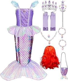 MELAND Mermaid Costume Kids, Princess Costumes for Girls Gift Aged 3-8, Little Mermaid Dress Up for Girls Halloween, Party(L)