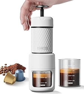 STARESSO Portable Espresso Machine - Manual Espresso with Rich & Thick Crema, Mini Coffee Maker Using Ground Coffee & Espresso Pods, Handy Espresso Maker for Travel Camping Office Home Use (White) ¦