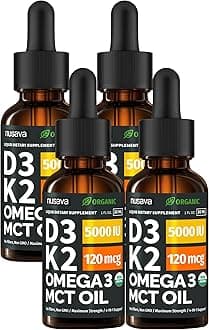 (4 Pack) Organic Vitamin D3 K2 Drops with MCT Oil Omega 3, 5000 IU - Maximum Strength Vitamin D Liquid, No Fillers, Non-GMO Liquid D3 for Faster Absorption and Immune Support, Unflavored, 4 Fl Oz