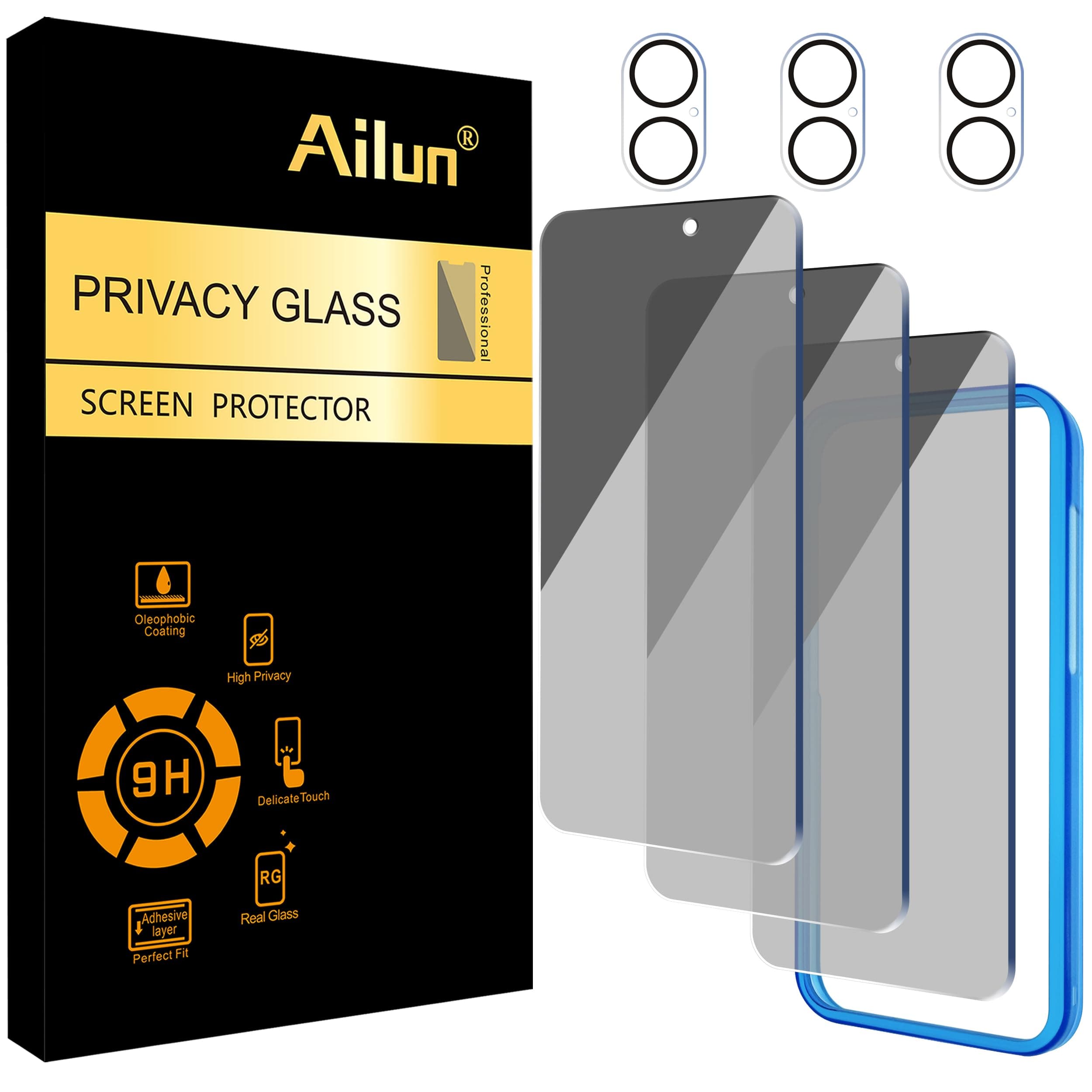 Ailun 3Pack Privacy Screen Protector for iPhone 16 Plus [6.7 inch]+3Pack Camera Lens Protector,Dynamic Island Compatible,Anti Spy Private Tempered Glass[9H Hardness]