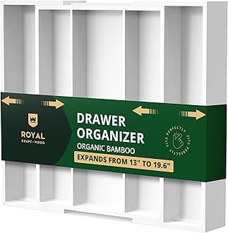 ROYAL CRAFT WOOD Luxury Bamboo Caddy Expandable Drawer and Utensil Organizer, Silverware Holder and Cutlery Tray, 19.6" x17", White