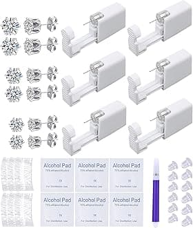 Ear Piercing Kit Disposable Ear Cartilage Piercing Gun Kit with Crown CZ Studs Easy Self for Own at Home(Silver Crown Pattern 345mm)