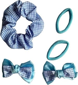 Gingham Hair Accessories for School Alice Band Slim Headband Scrunchy Clips (Baby Blue 5 piece Gingham School Hair Set)