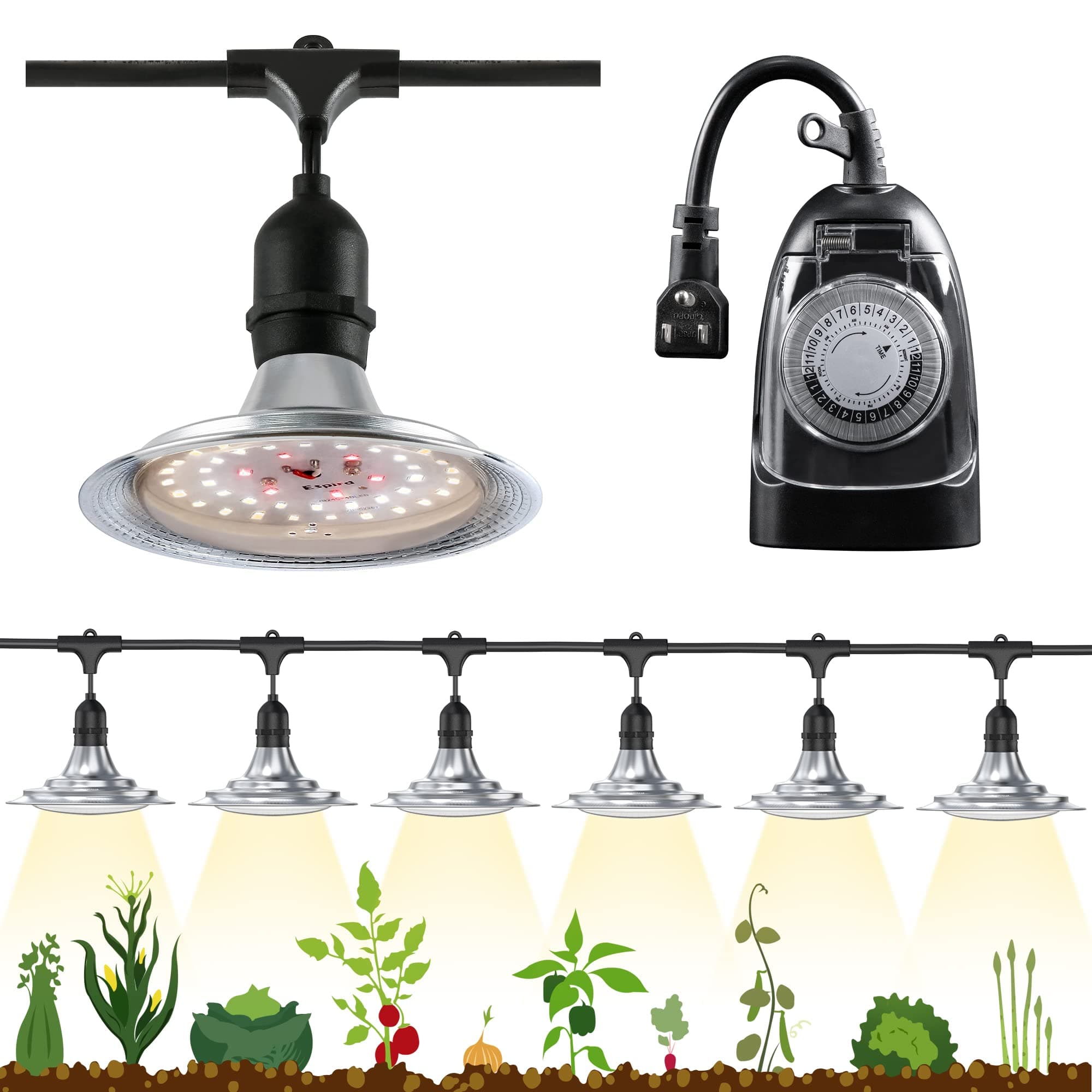 Espird Outdoor LED Grow Light with Timer, 6-Bulbs Full Spectrum Grow Light Strip, Waterproof Plant Lamps, UL Certified String Grow Lights for Greenhouse Garden, 21.3FT Light for Veg Seedling Flower