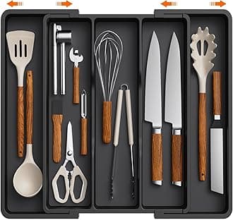 Lifewit Cutlery Tray for Drawers, Large Kitchen Utensil Holder, Expandable to 57cm, Depth 38cm, Drawer Organizer, Plastic Cutlery Holder for Knives/Forks, Black