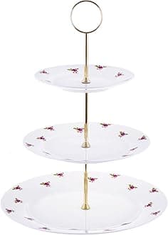 Bone China 3 Tier DOT Rose Ditsy Pink Rose Flowers Cake Stand* Silver OR Gold Handle Fitting, Hand Decorated Staffordshire, England.