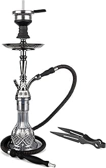 AGFYLIFE Hookah Set 25" Egyptian Style Hookah Complete Set with Everything, Shisha Accessories Includes Glass Vase, Clay Bowl, Leather Hookah Hose, Electroplated Black