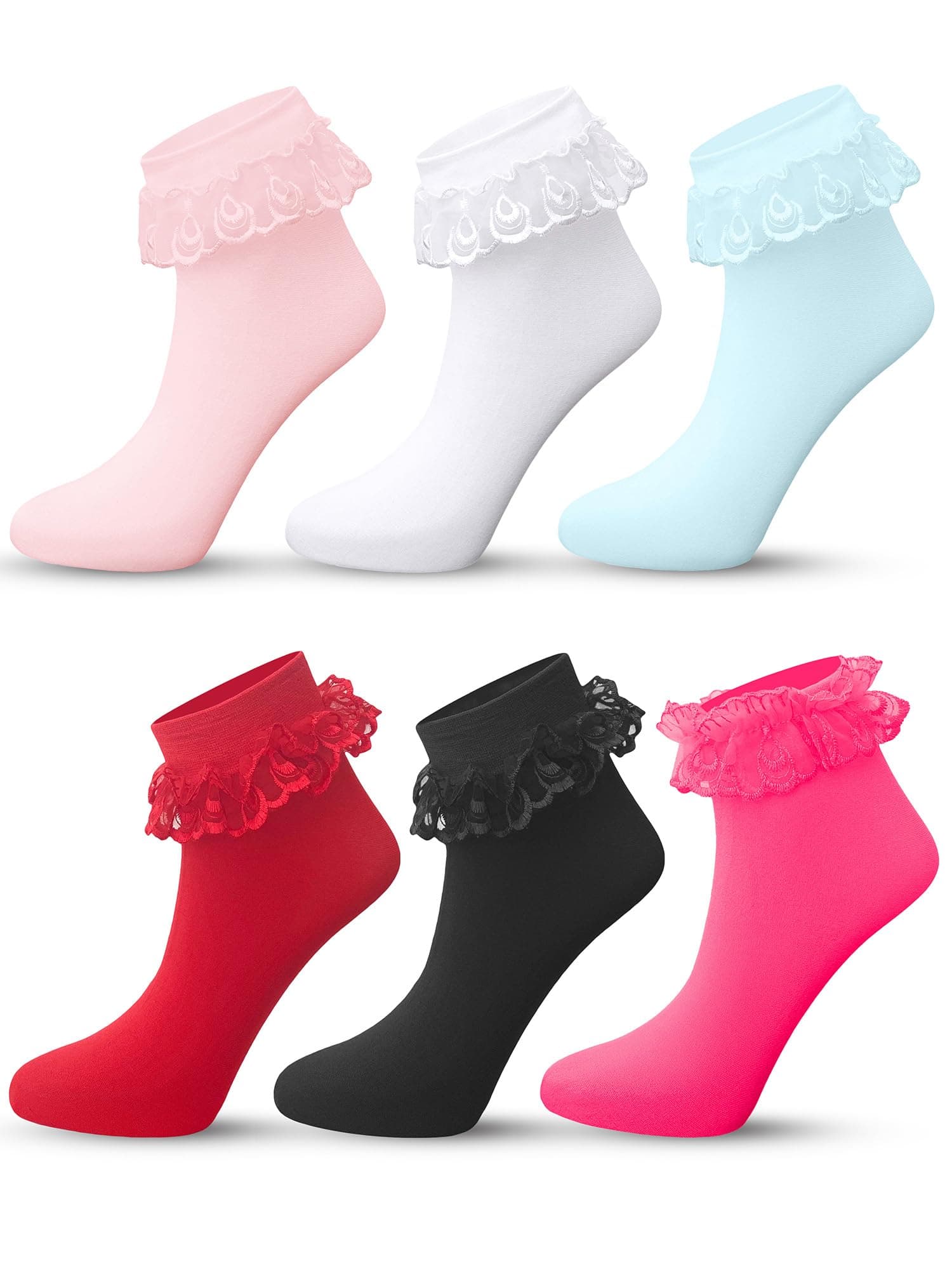 6 Pack Lace Ruffle Frilly Ankle High Casual Socks