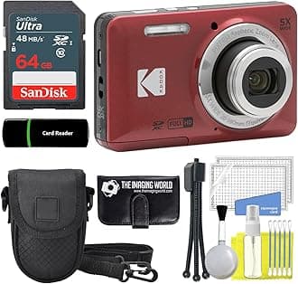 Kodak PIXPRO FZ55 Red 16MP Digital Camera 5X Optical Zoom 28mm Wide Angle 1080P Full HD Video 2.7" LCD Camera + 64GB Card and Reader + Case + Memory Wallet + Tripod + Cleaning Bundle