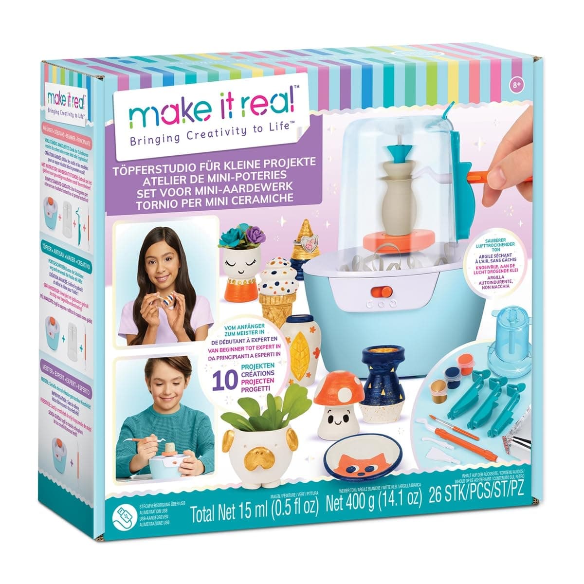 Mini Pottery Studio - 26-Piece DIY Pottery Kit with Mess-Free Air Dry Clay - Create 10 Miniature Projects, Beginner to Master Levels - Innovative Centering Tool - Great for Kids Ages 8