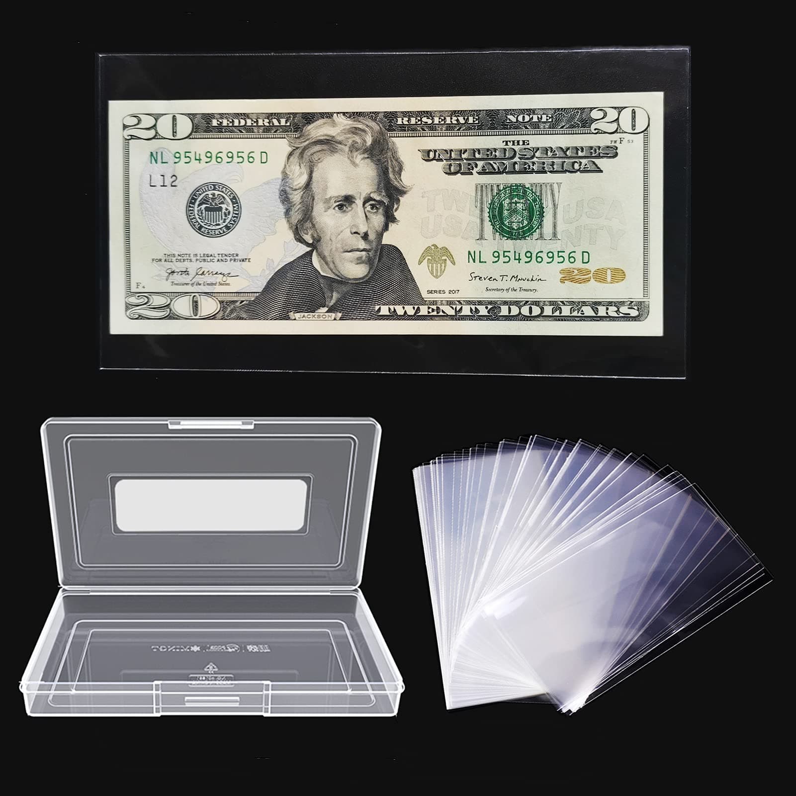 MUDOR Dollar Bill Holder with Storage Case, PP Material 100 Pieces Clear Paper Money Currency Collection Sleeves Protector Bag, Banknotes Protector Slab Holder