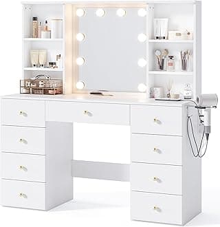 LINSY HOME Vanity with Storage, White Makeup Vanity with Mirror and Lights, 47" Make Up Vanity Desk with Drawers, Shelves & Charging Station, Modern Large Vanity Table for Bedroom, Women, Girls