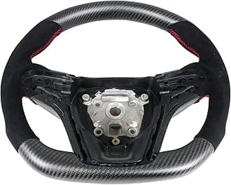 IKON MOTORSPORTS, Steering Wheel Compatible With 2012-2015 Chevy Camaro, Matte Carbon Fiber & Synthetic Suede Steering Wheel Brushed Kit With Red Stitching