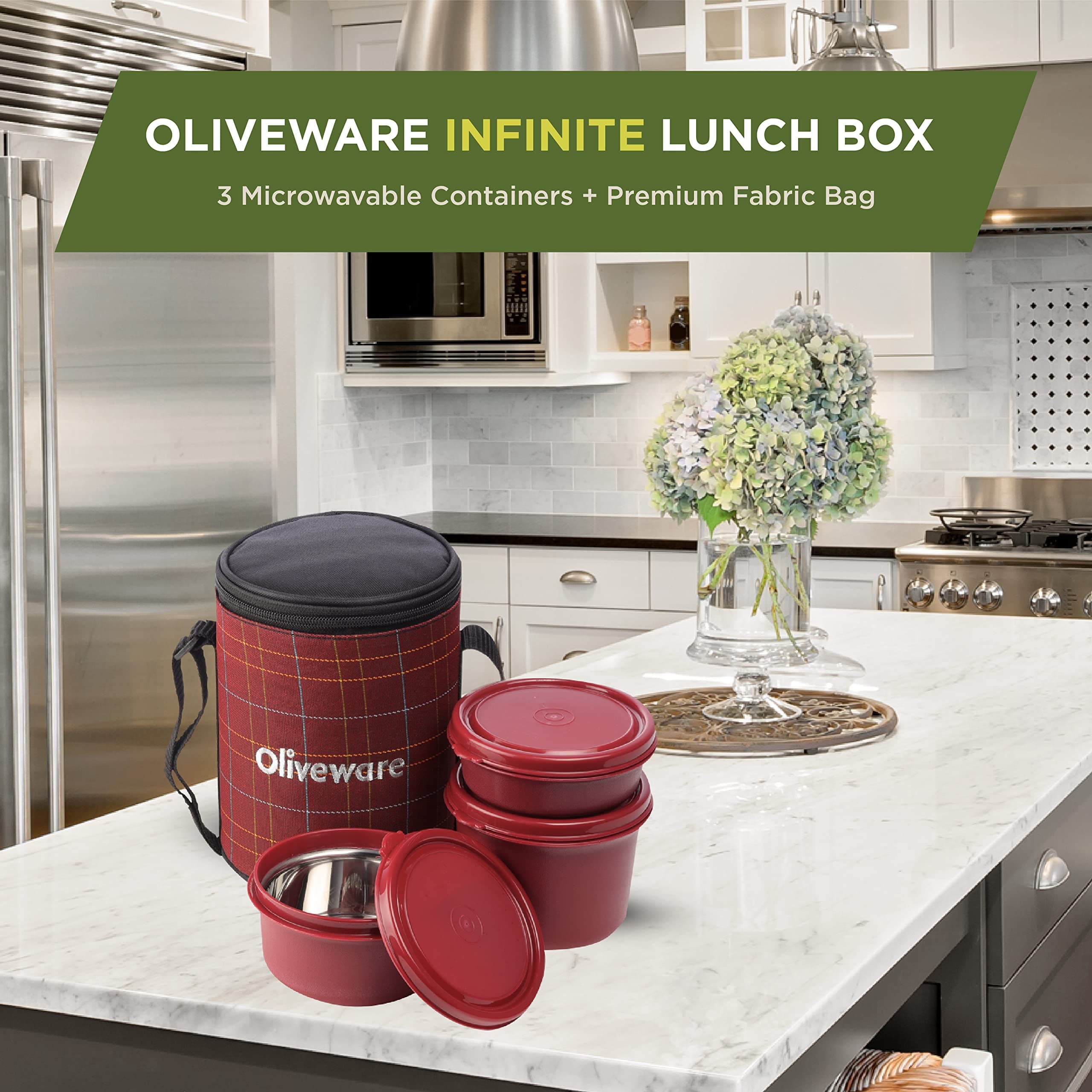 Oliveware Infinite Lunch Box, Microwave Safe & Leak Proof, 3 Inside Steel Containers with BPA Free Airtight Lids (290ml, 450ml & 600ml), Fabric Bag (Red)