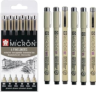 Pigma Micron Fineliner Pens Set of 6, Waterproof, Permanent Black Ink, Assorted Sizes | Pens for Writing, Drawing & Journaling